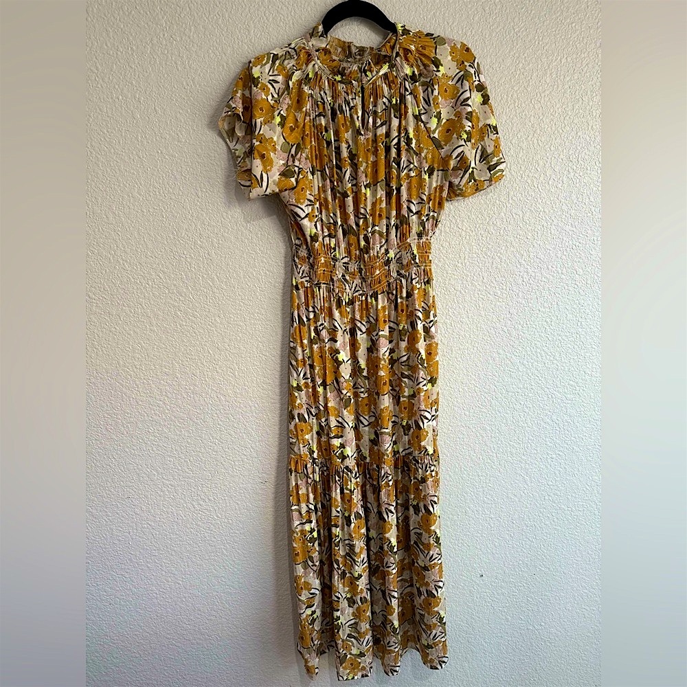 Grade and gather medium high neck Floral Yellow and White Dress